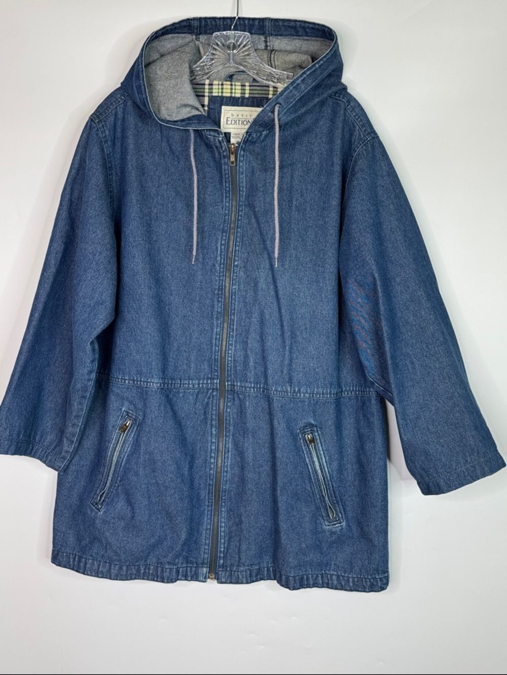 Vintage Basic Editions Flannel Lined Denim Hooded Jacket Size Large